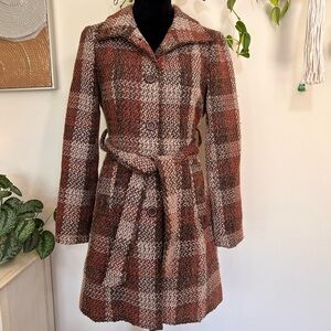 Love Stitch Women’s Brown Plaid Button Down Pea Coat. Size Medium